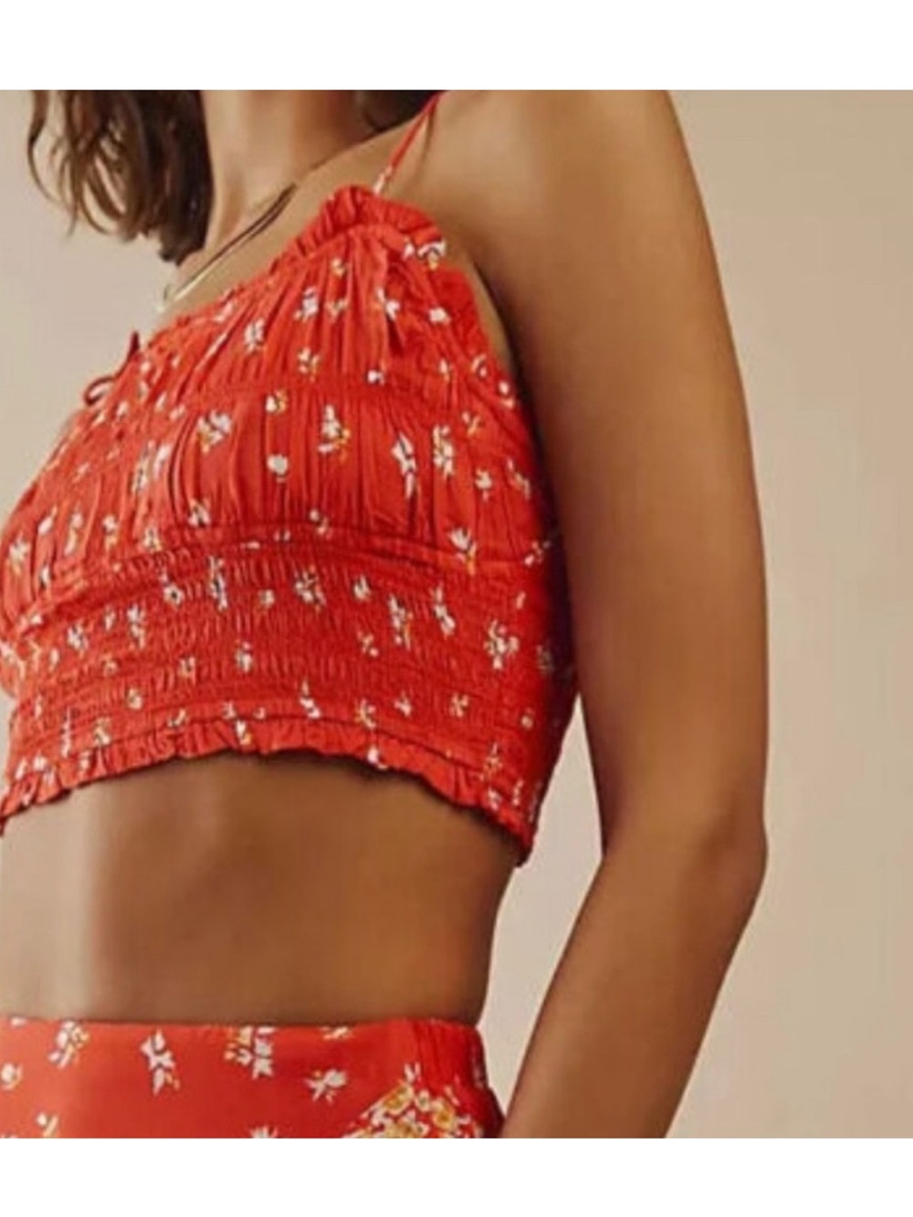 Free People Red Floral Smocked Crop Top